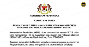 Semua chalun ke bulih 10A SPM 2025 diberi penuduk masuk matrikulasi