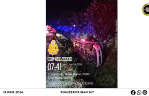 Siku lelaki luput pengudah kerita Toyota Hilux tepawah ngagai parit ba Jalai Brayun
