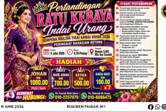 Pekit Ratu Kebaya Indai Orang beserimbai enggau pengawa Ngiling Tikai Gawai Dayak 2026 dibuka ngagai penyereta